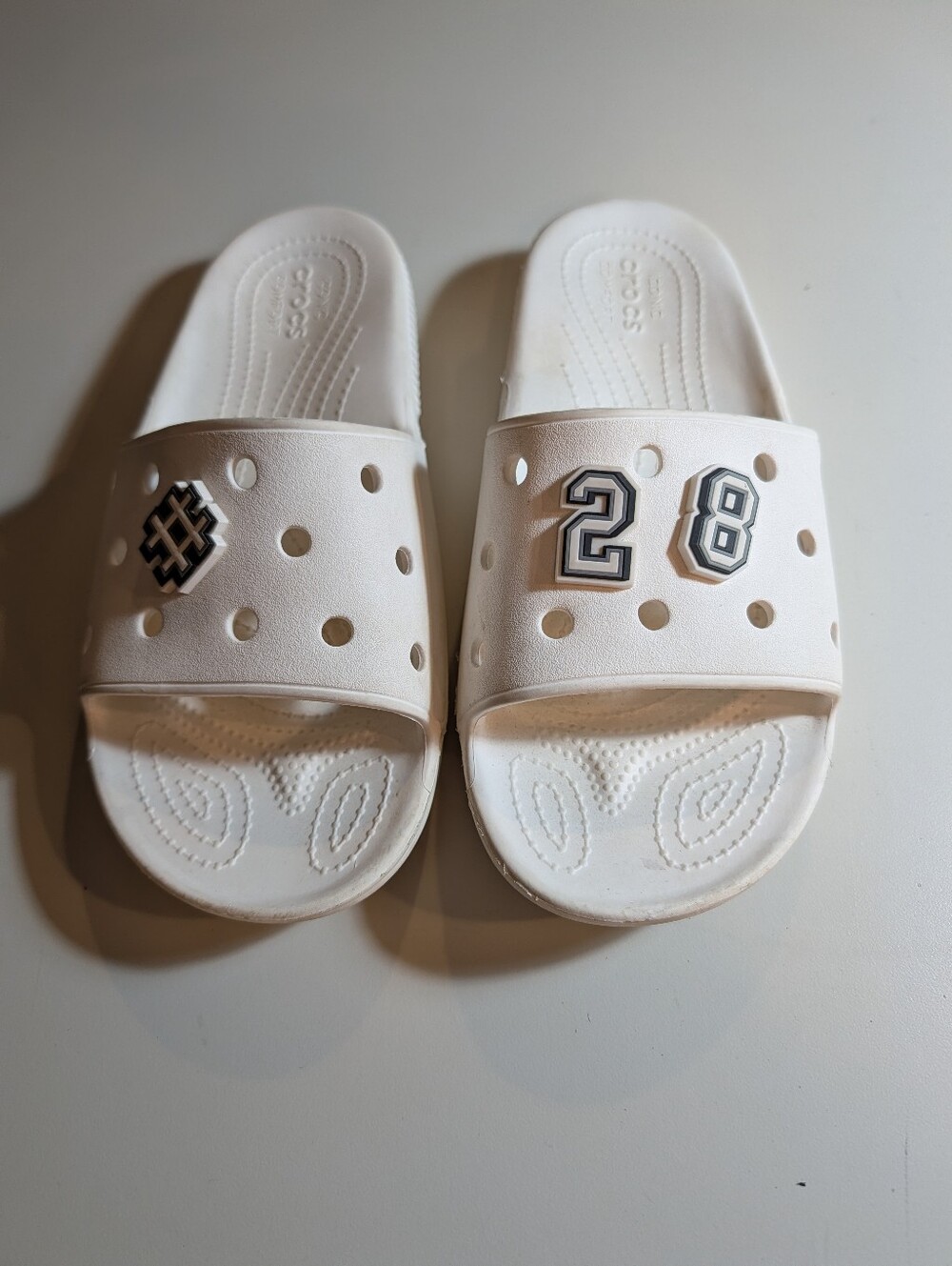 CROCS Woman's Size 8  White Slide Sandals with Number Charms